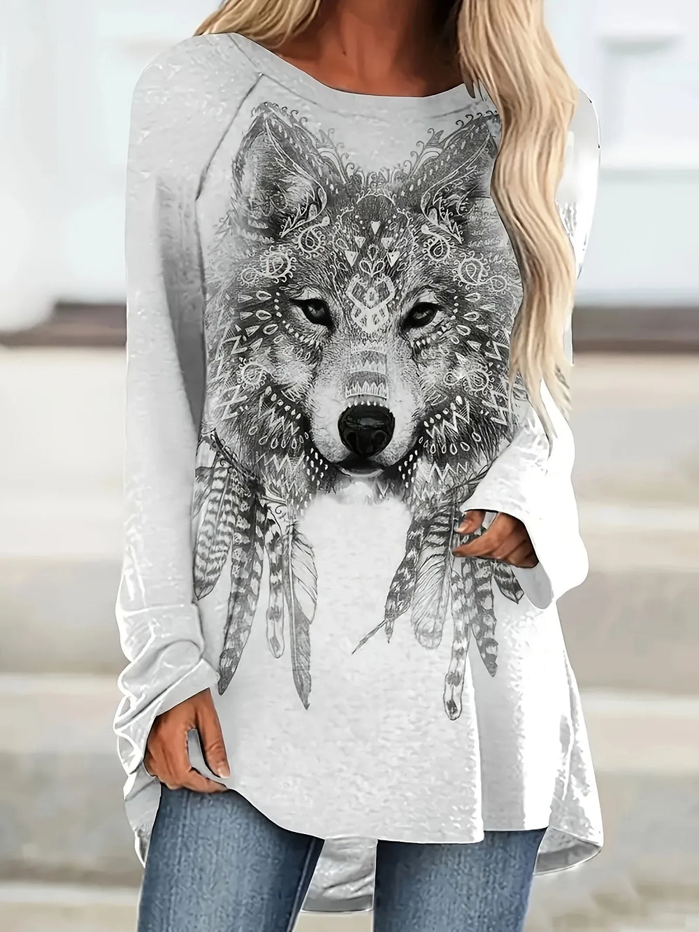 Bohemian Wolf Print Long Sleeve T-Shirt