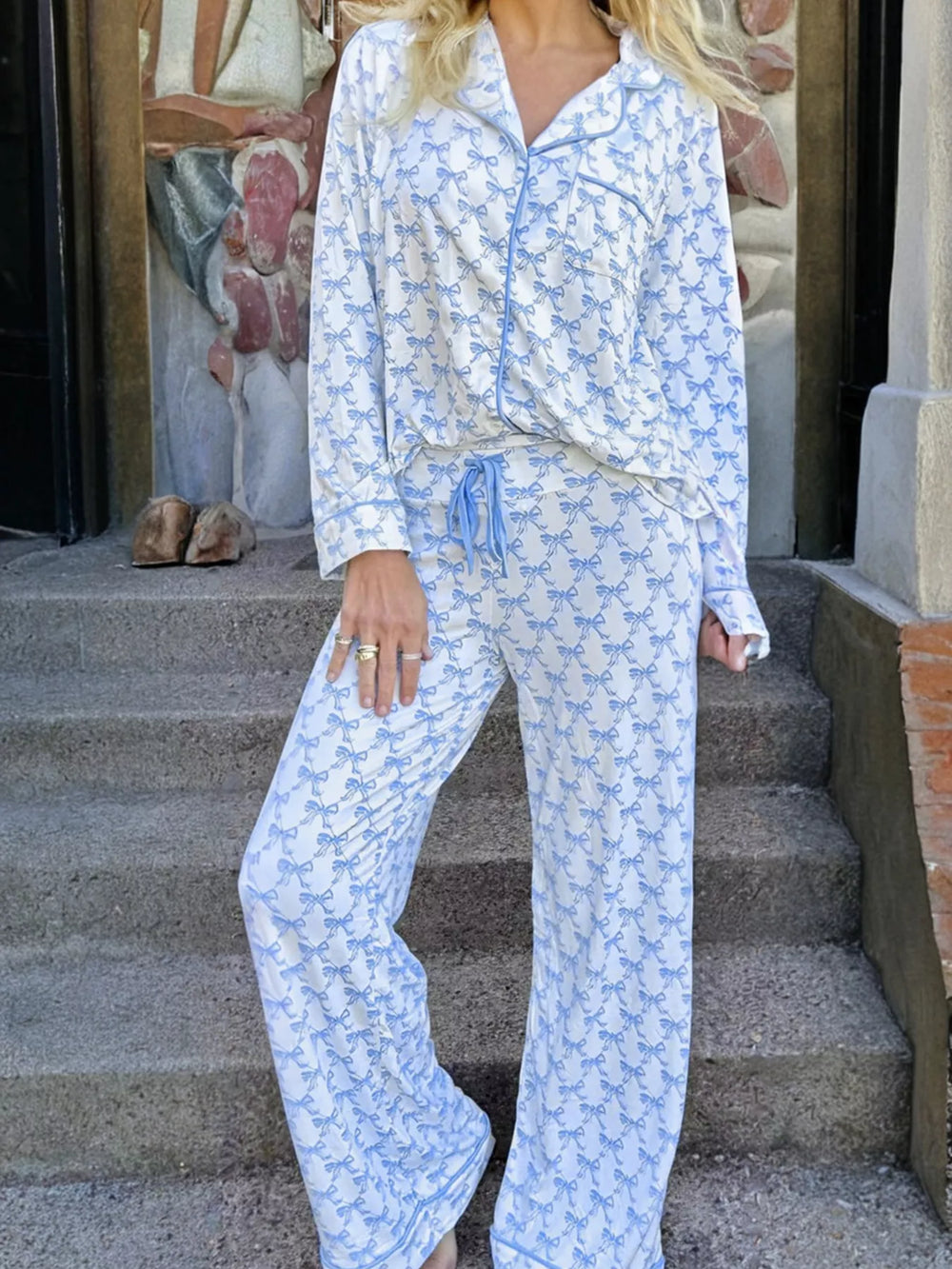 Bow Print Pajama Set – Long Sleeve Shirt & Pants | Felvior