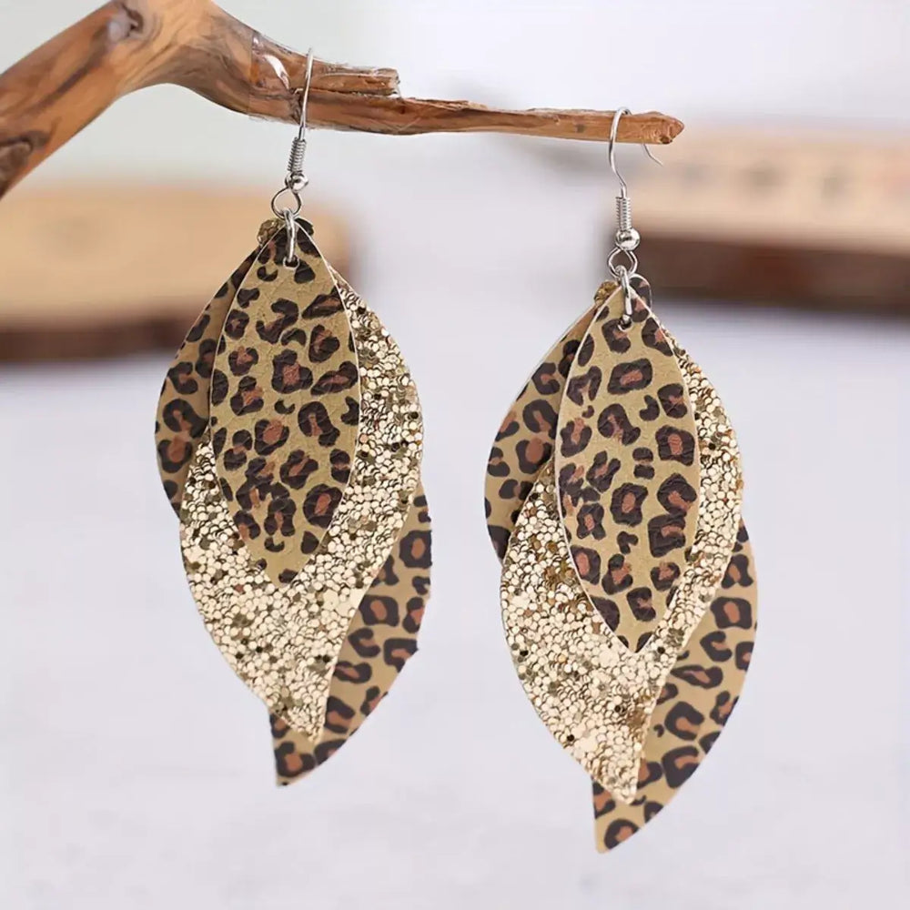 Leopard Print Leather Leaf Drop Earrings