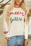 Woman wearing Letter Long Sleeve Sweater with round neck and letter detailing