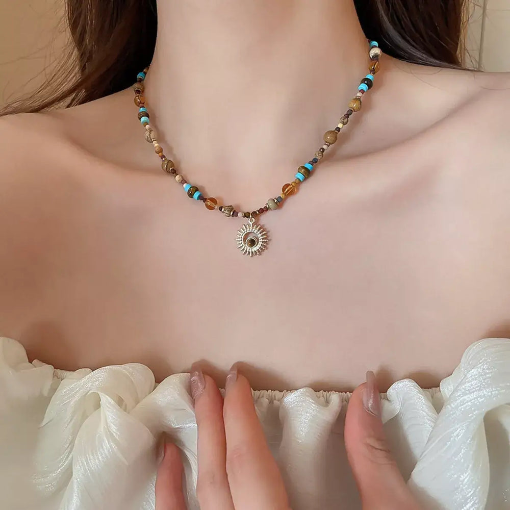 Multi-Color Beaded Sunflower Pendant Necklace