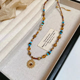 Multi-Color Beaded Sunflower Pendant Necklace