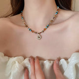 Multi-Color Beaded Sunflower Pendant Necklace