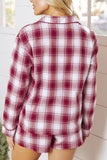 Plaid Long Sleeve Shirt and Drawstring Shorts Lounge Set in red and white plaid pattern, made of 100% cotton, back view.