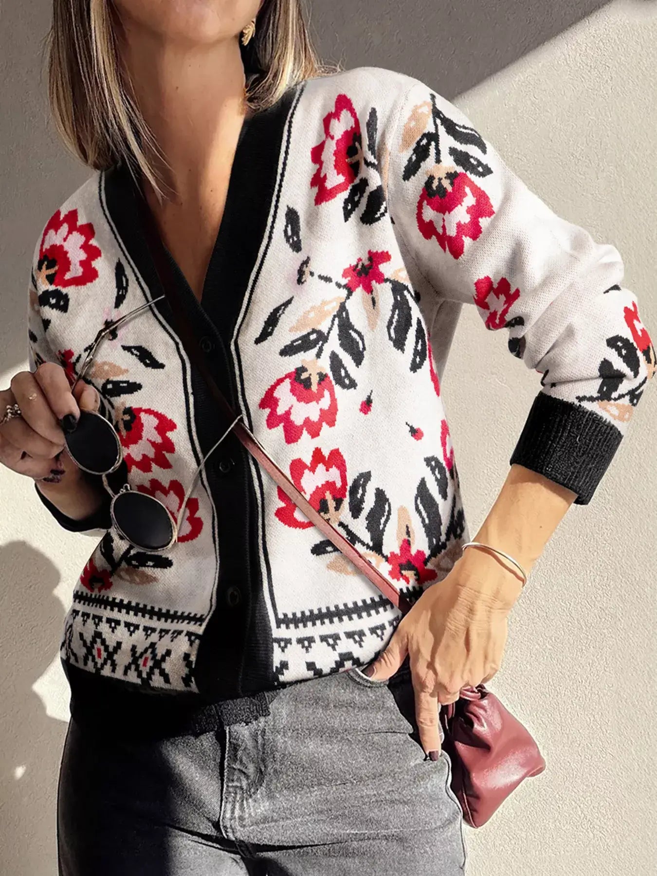 Floral Button Down Cardigan with Geometric Border