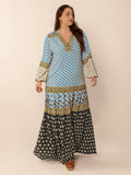 Plus Size Printed V-Neck Balloon Sleeve Maxi Dress