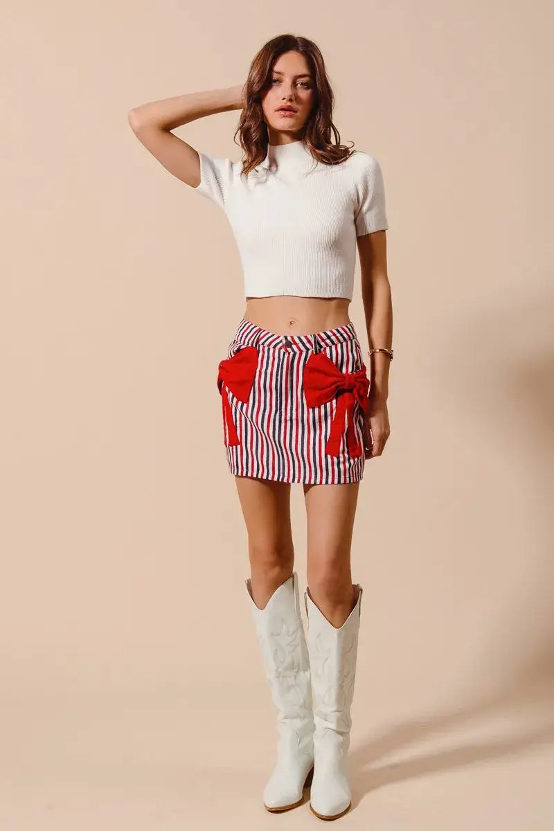 SO ME Contrast Bow Knot Pocket Fourth Of July Denim Skirt