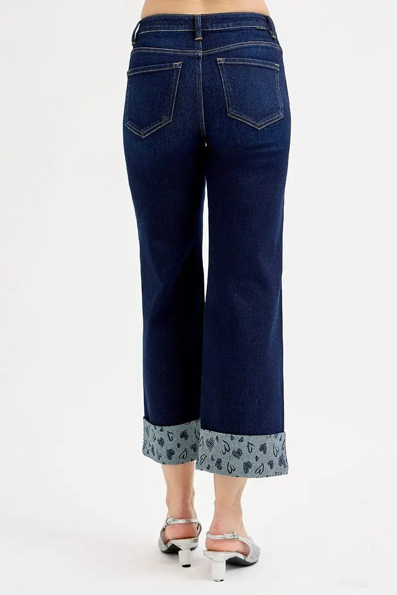 RISEN Full Size Mid Rise Fit Crop Wide With Printed Cuff Jeans Plus Size
