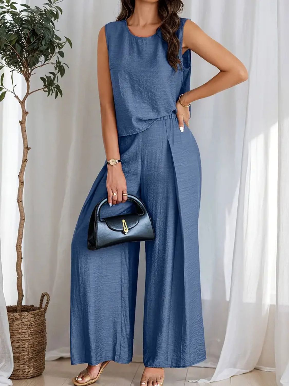 Round Neck Sleeveless Top and Wide Leg Pants Set