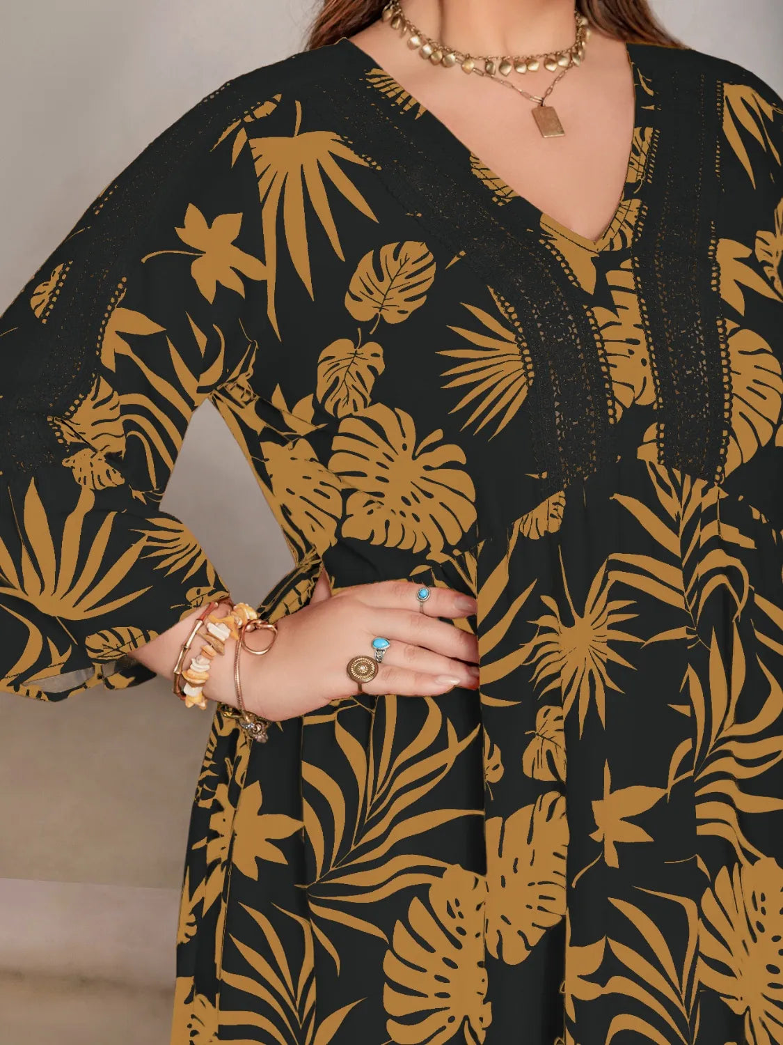 Plus Size Lace Detail Tropical Print Three-Quarter Sleeve Maxi Dress