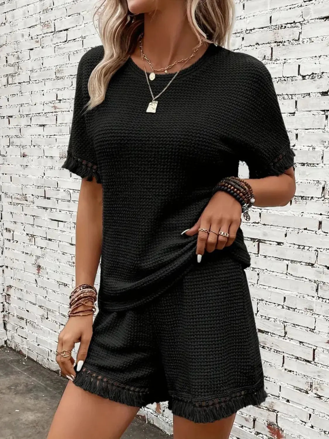 Tassel Round Neck Top and Shorts Set