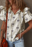 Bow Print Tie Neck Short Sleeve Blouse