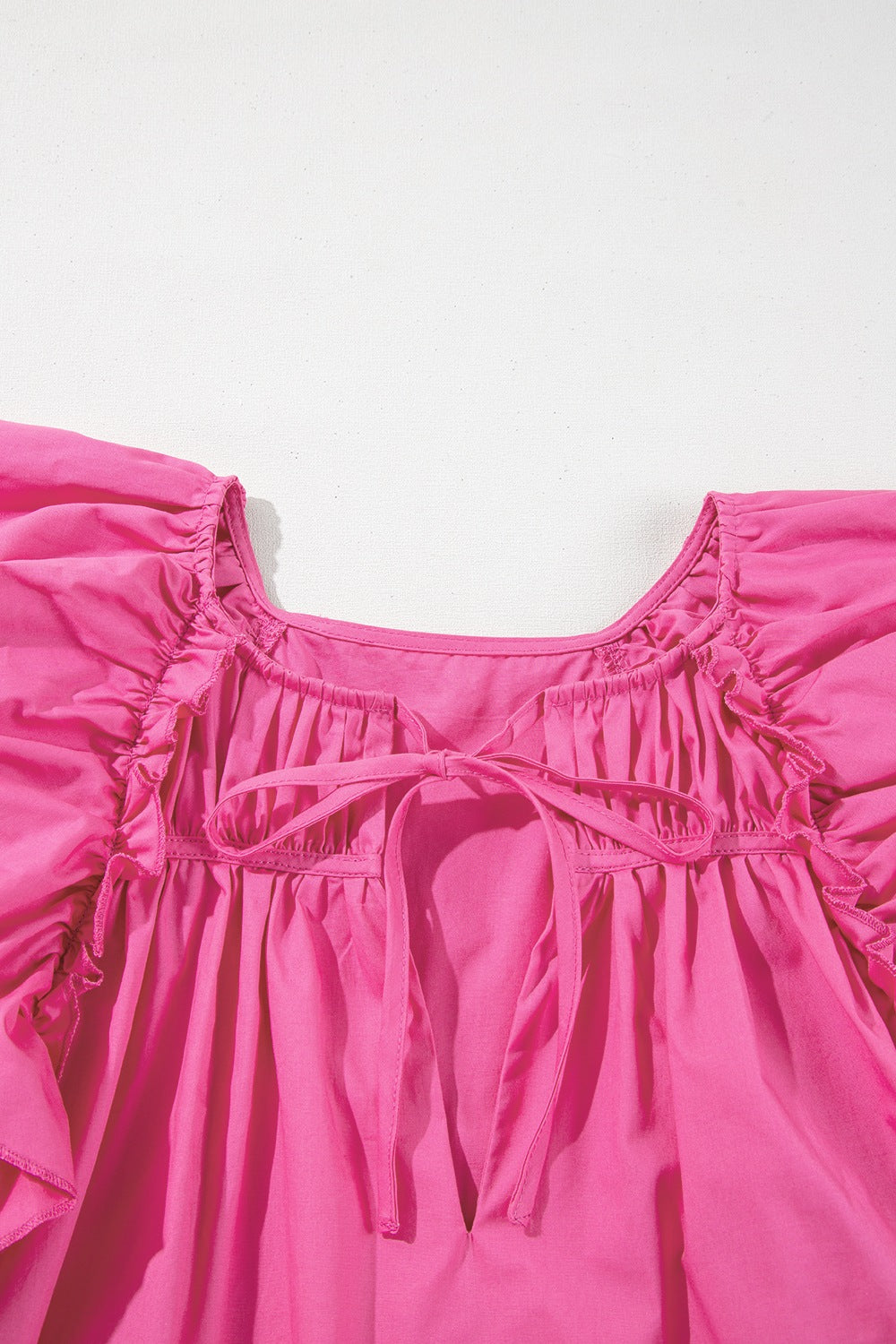 Shirred Tie Neck Ruffled Cap Sleeve Blouse