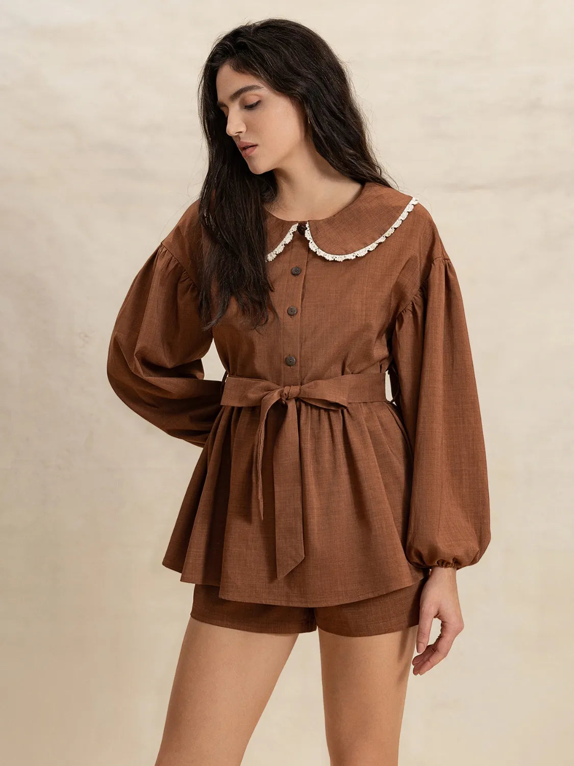 Peter Pan Collar Balloon Sleeve Top and Shorts Set