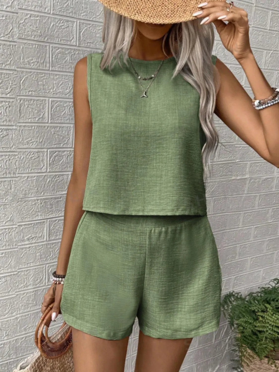 Round Neck Sleeveless Top and Shorts Set