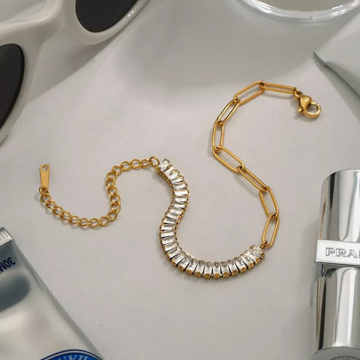 18K Gold-Plated Stainless Steel Rhinestone Chain Bracelet