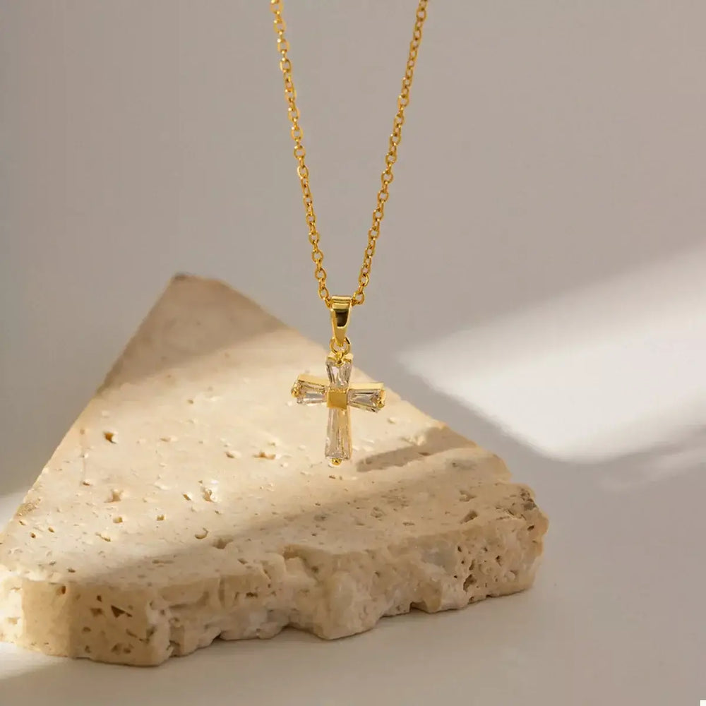 18K Gold-Plated Stainless Steel Zircon Cross Necklace