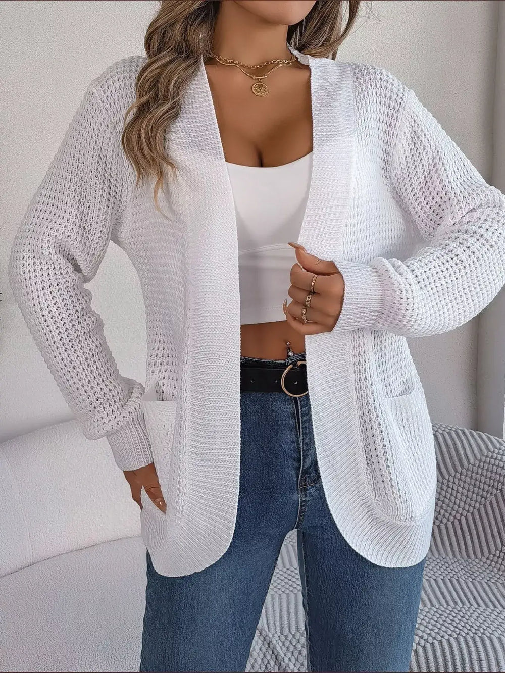 Chunky Knit Open Front Cardigan with Pockets