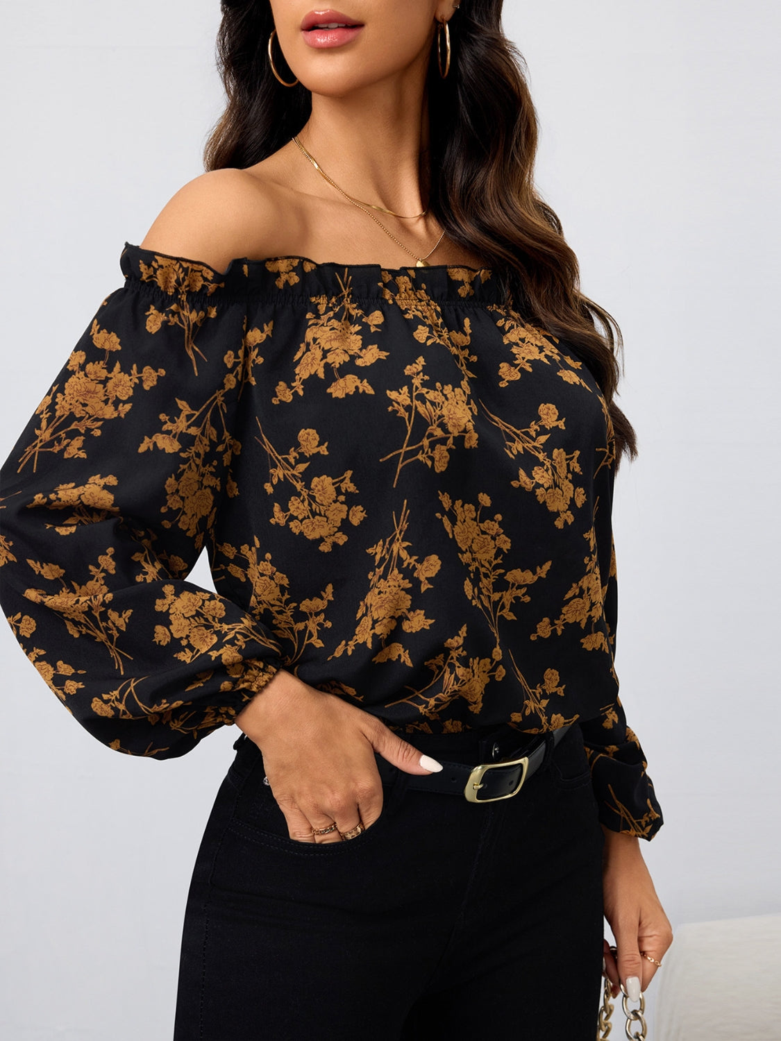 Printed Off-Shoulder Balloon Sleeve Blouse