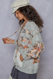 POL Zip Up Floral and Lace Patch Washed Denim Jacket