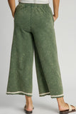Umgee Full Size Peace Lace Applique Mineral Wash Wide Leg Pants Plus Size