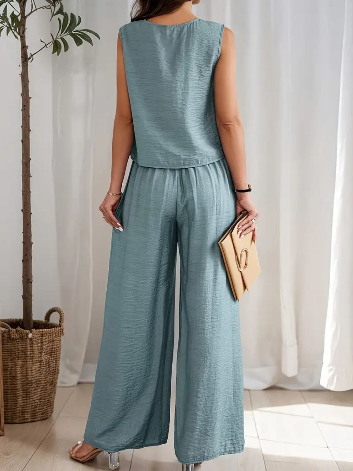 Round Neck Sleeveless Top and Wide Leg Pants Set