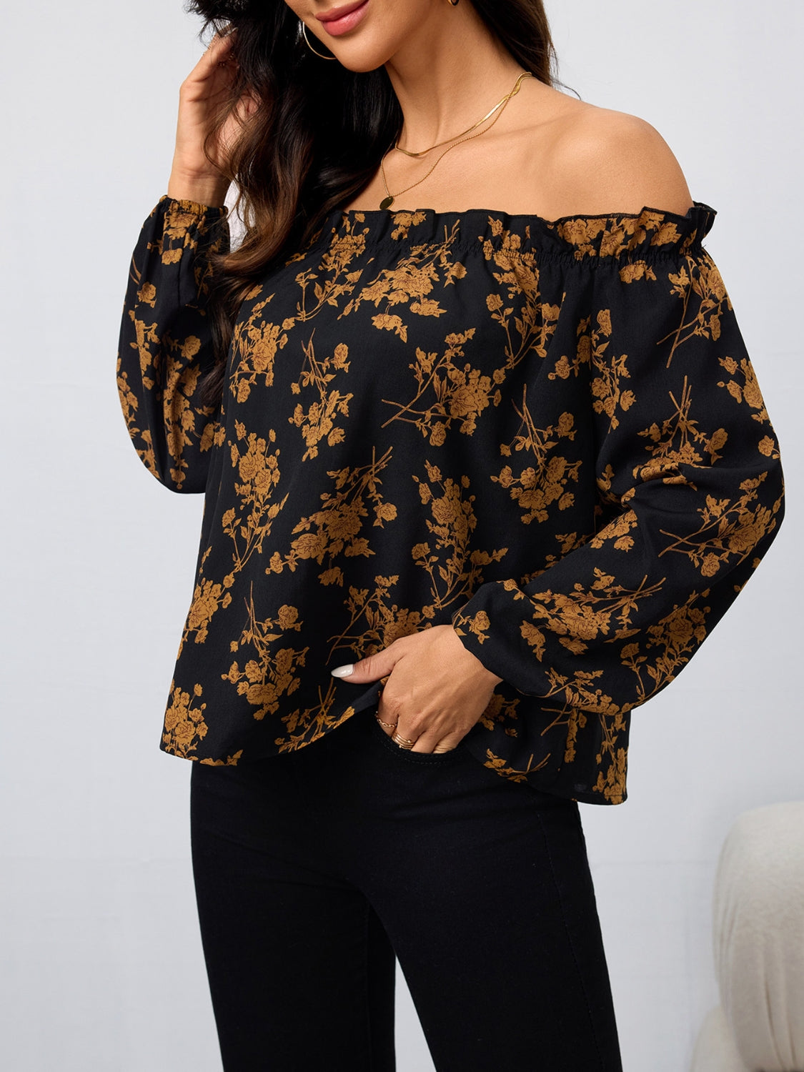 Printed Off-Shoulder Balloon Sleeve Blouse