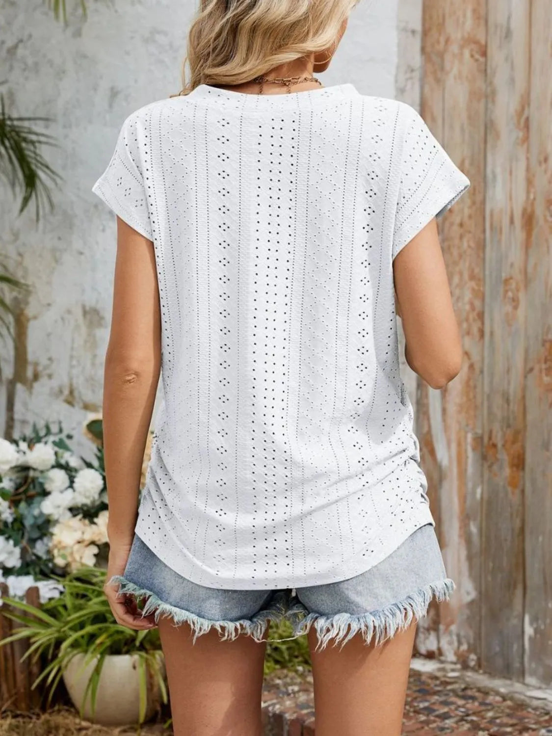 Eyelet V-Neck Short Sleeve Top