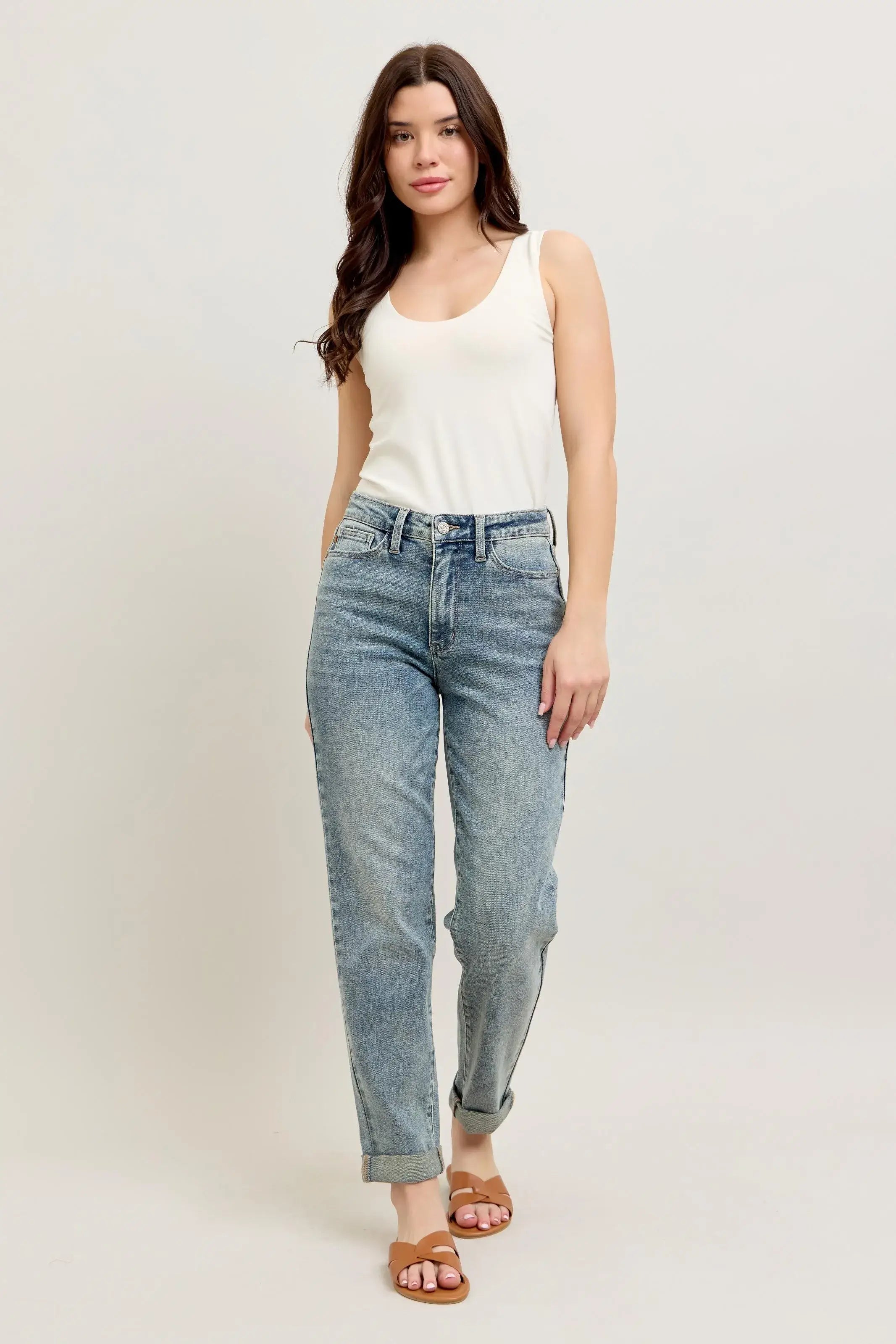 Judy Blue Full Size Hw Vintage Wash Double Roll Cuff Bf Jeans Plus Size