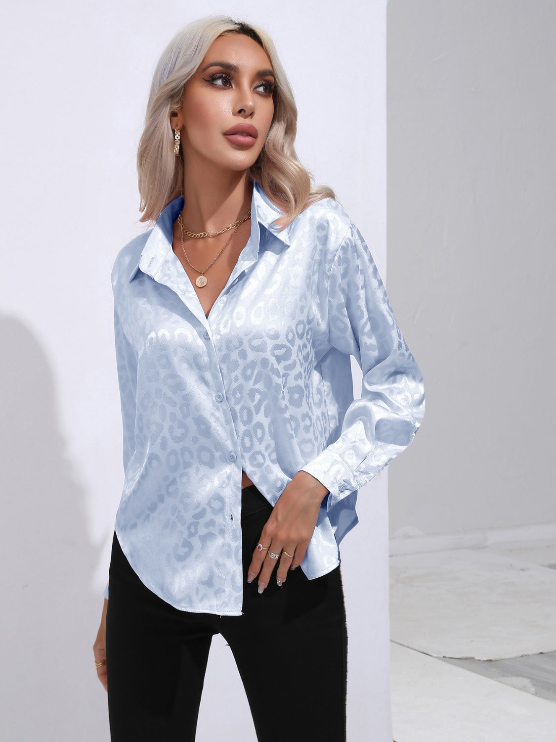 Leopard Collared Neck Long Sleeve Shirt