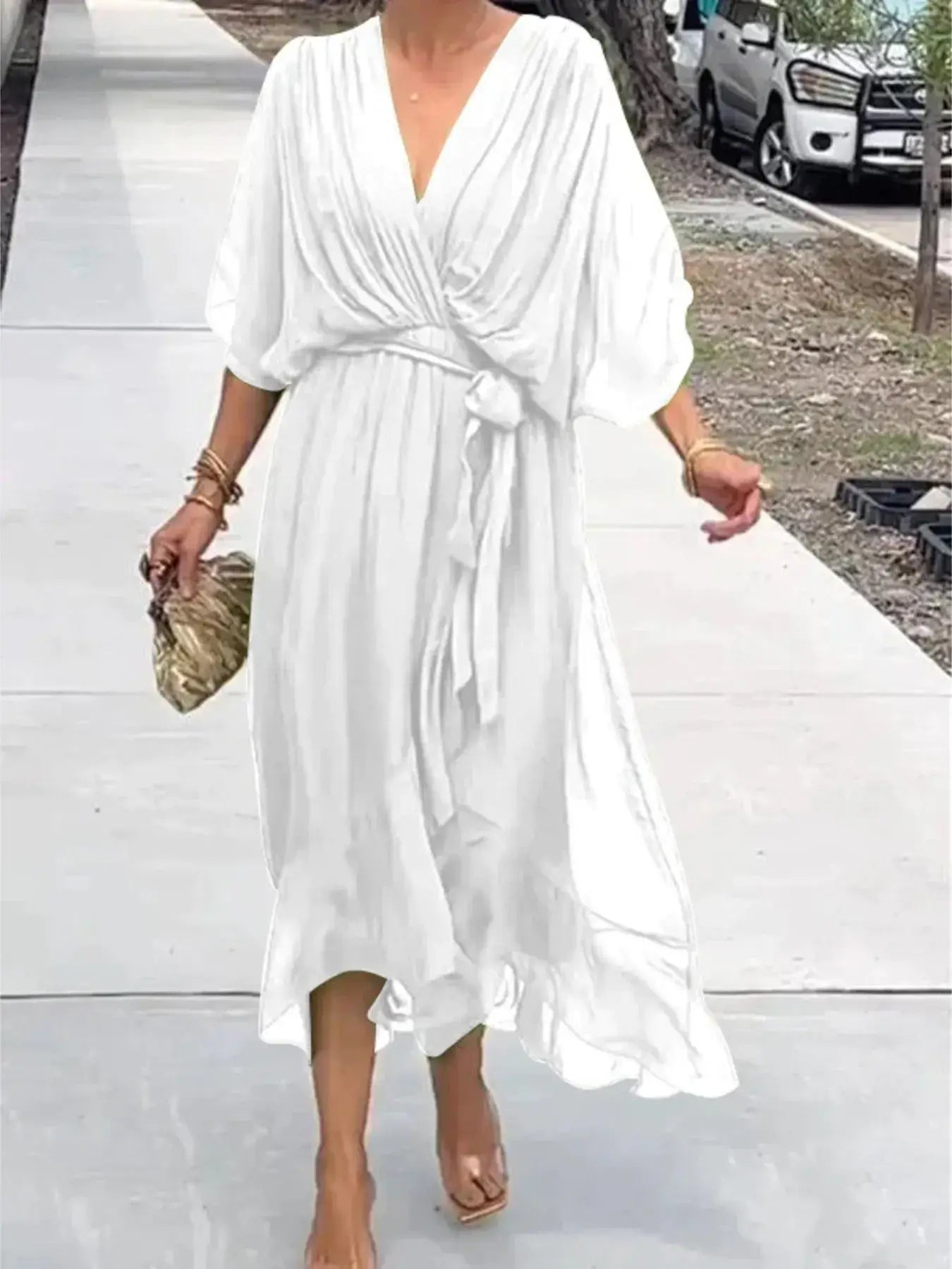 Full Size Flowy Tie Front Midi Dress with Flutter Sleeves Plus Size