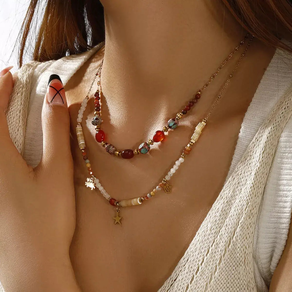 2 Piece 18K Gold-Plated Natural Stone Bead Necklace