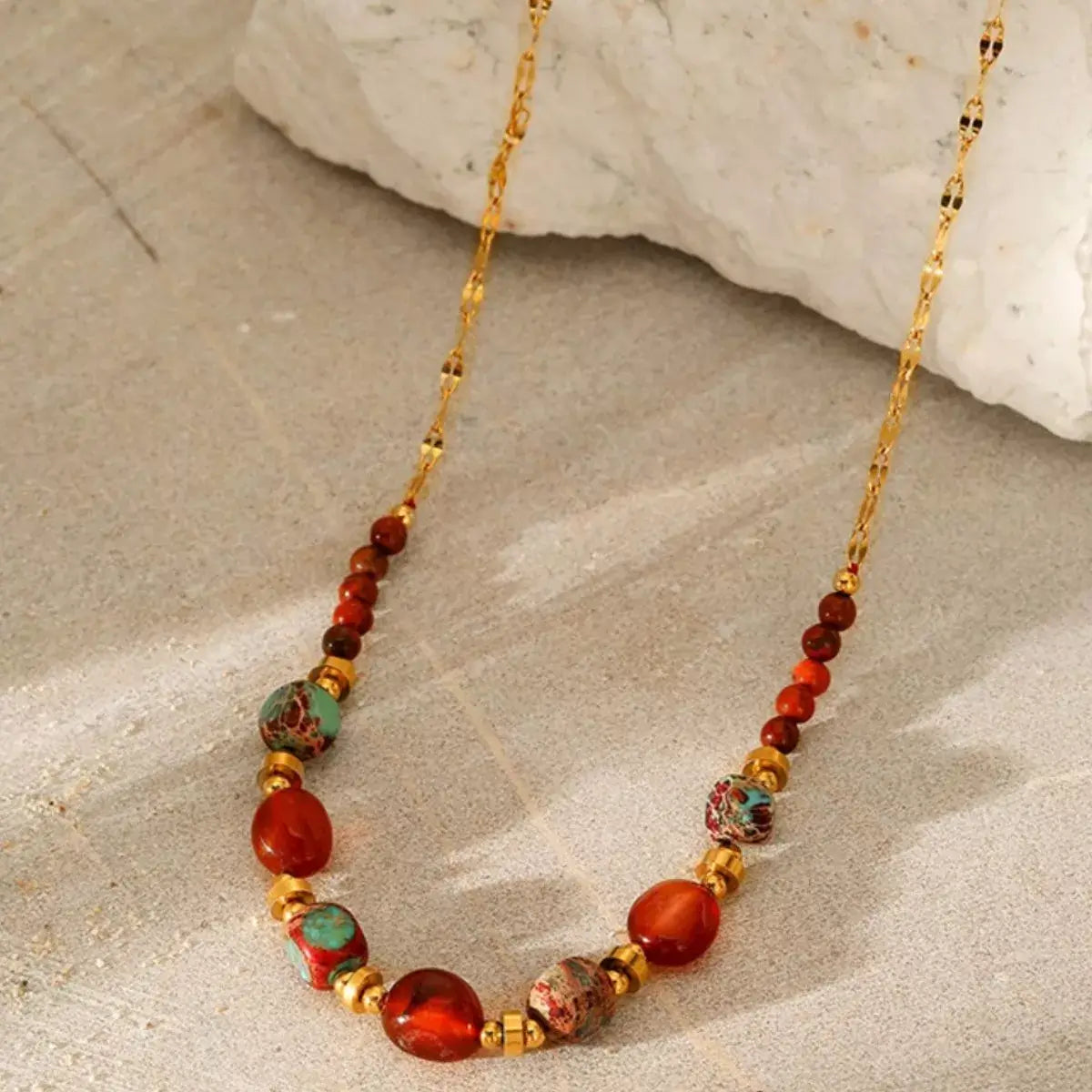 2 Piece 18K Gold-Plated Natural Stone Bead Necklace