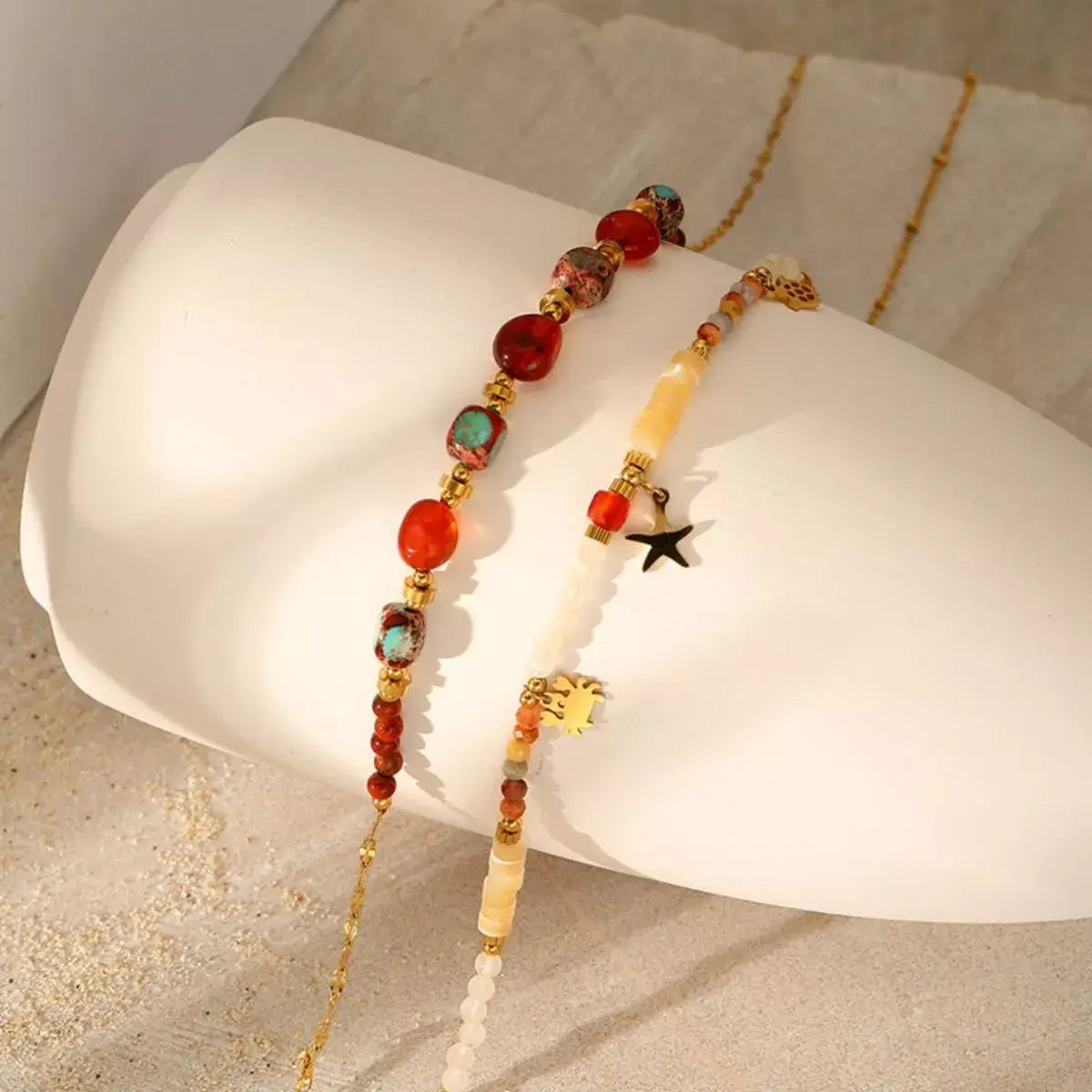 2 Piece 18K Gold-Plated Natural Stone Bead Necklace