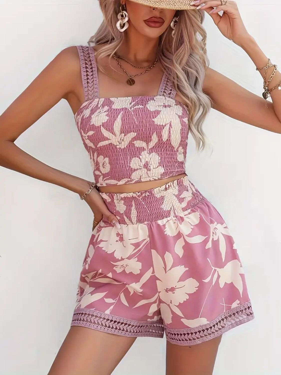Smocked Printed Square Neck Top and Shorts Set