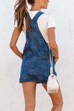 Flower Print Square Neck Denim Overall Dress