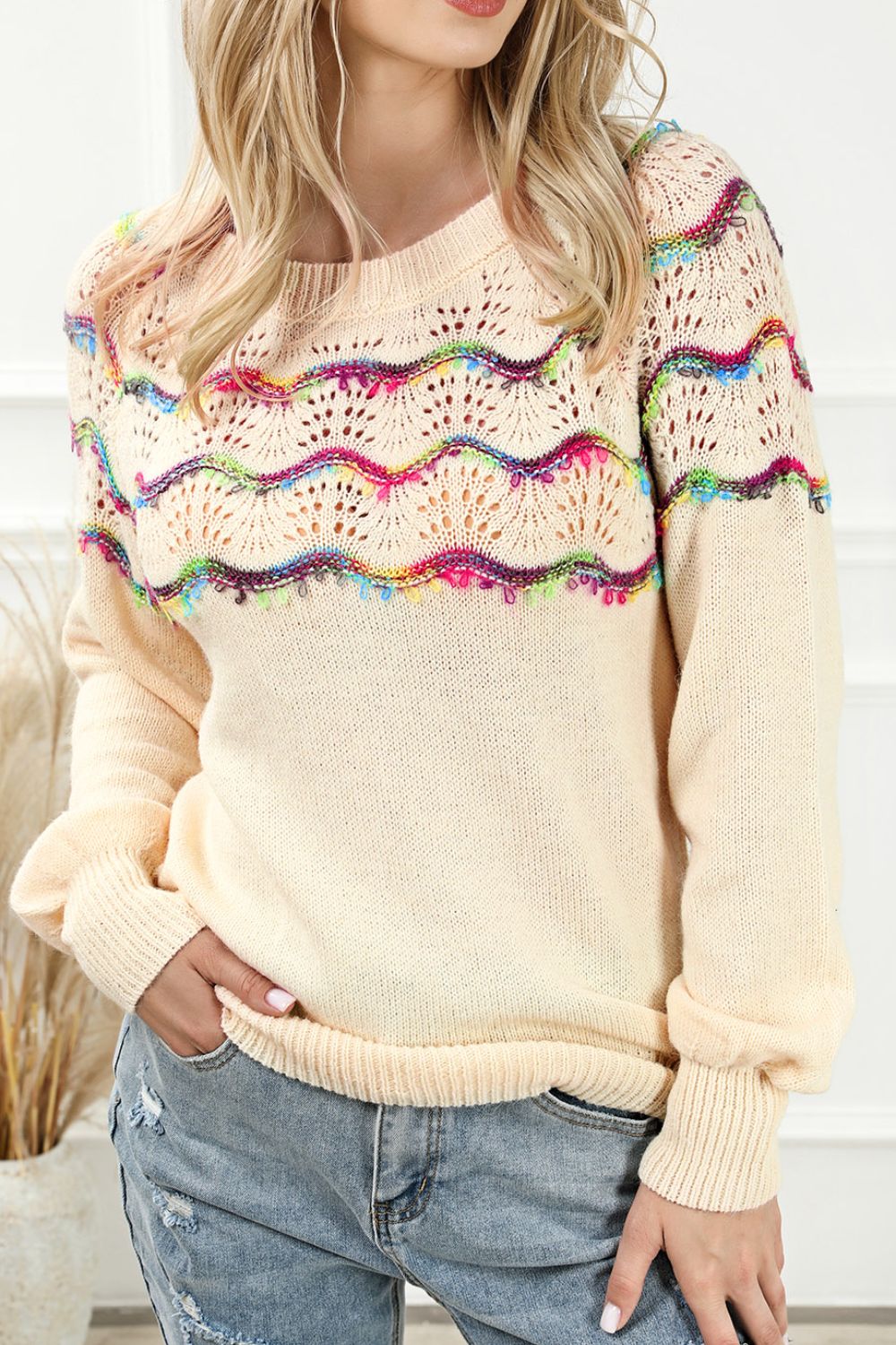 Openwork Wavy Striped Round Neck Sweater