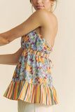 Davi & Dani Floral Smocked Sleeveless Ruffle Back Tie Top