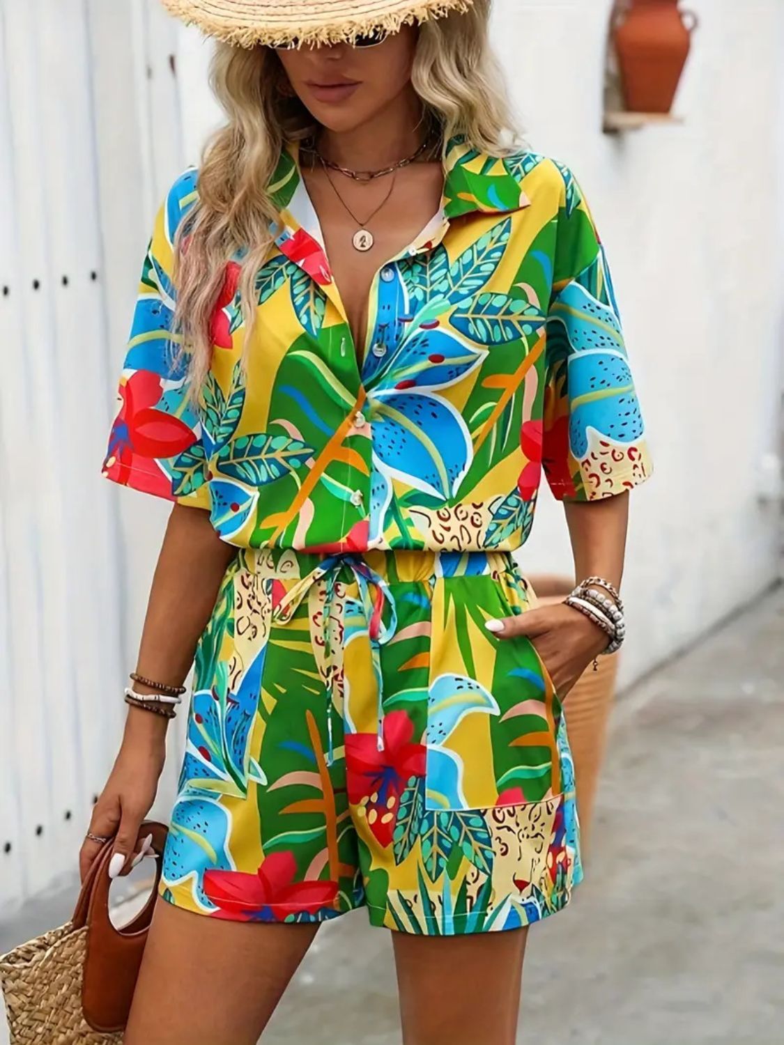 Printed Button Down Shirt and Shorts Set