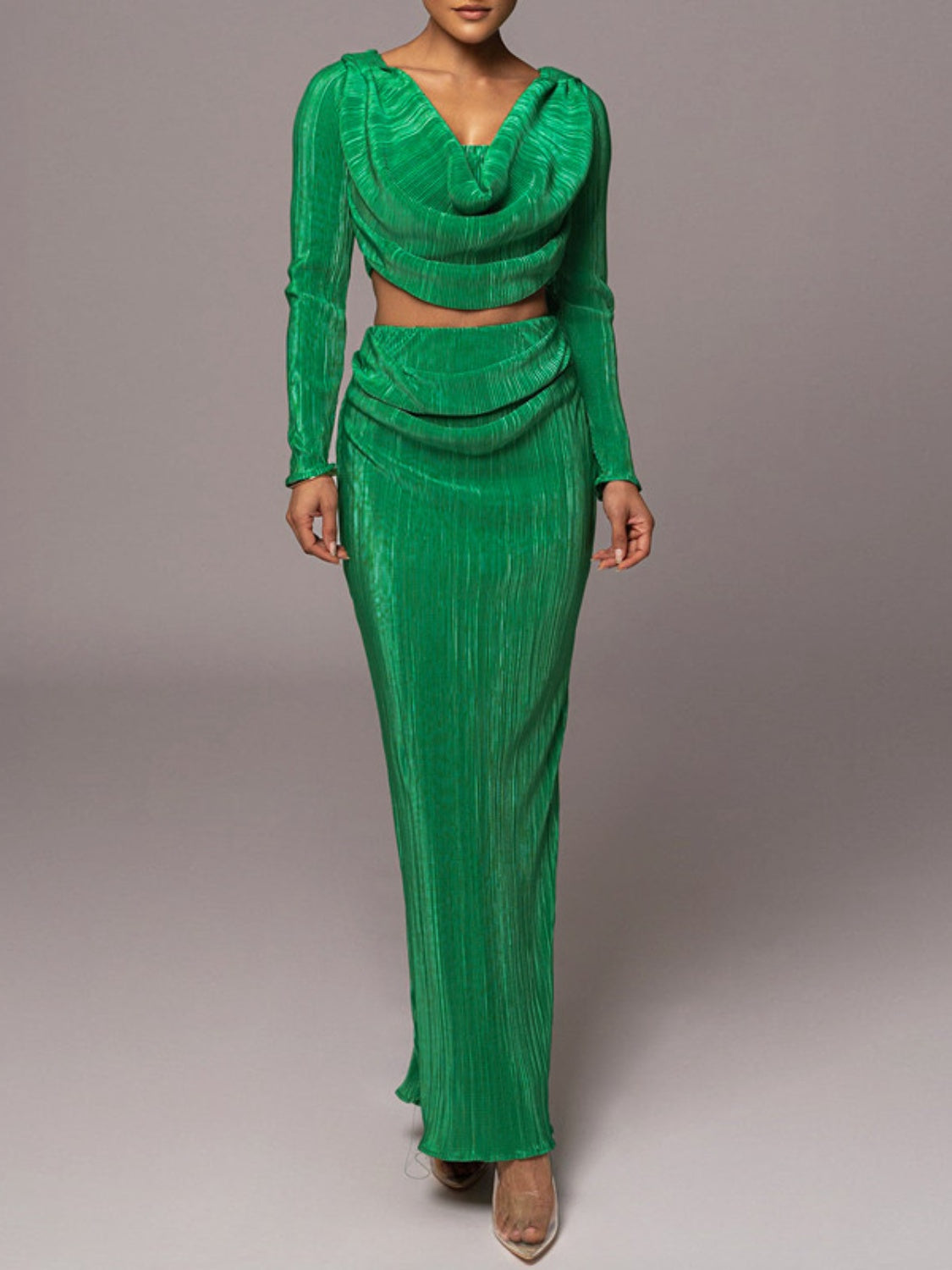 Ruched Cowl Neck Top and Maxi Skirt Set