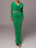 Ruched Cowl Neck Top and Maxi Skirt Set