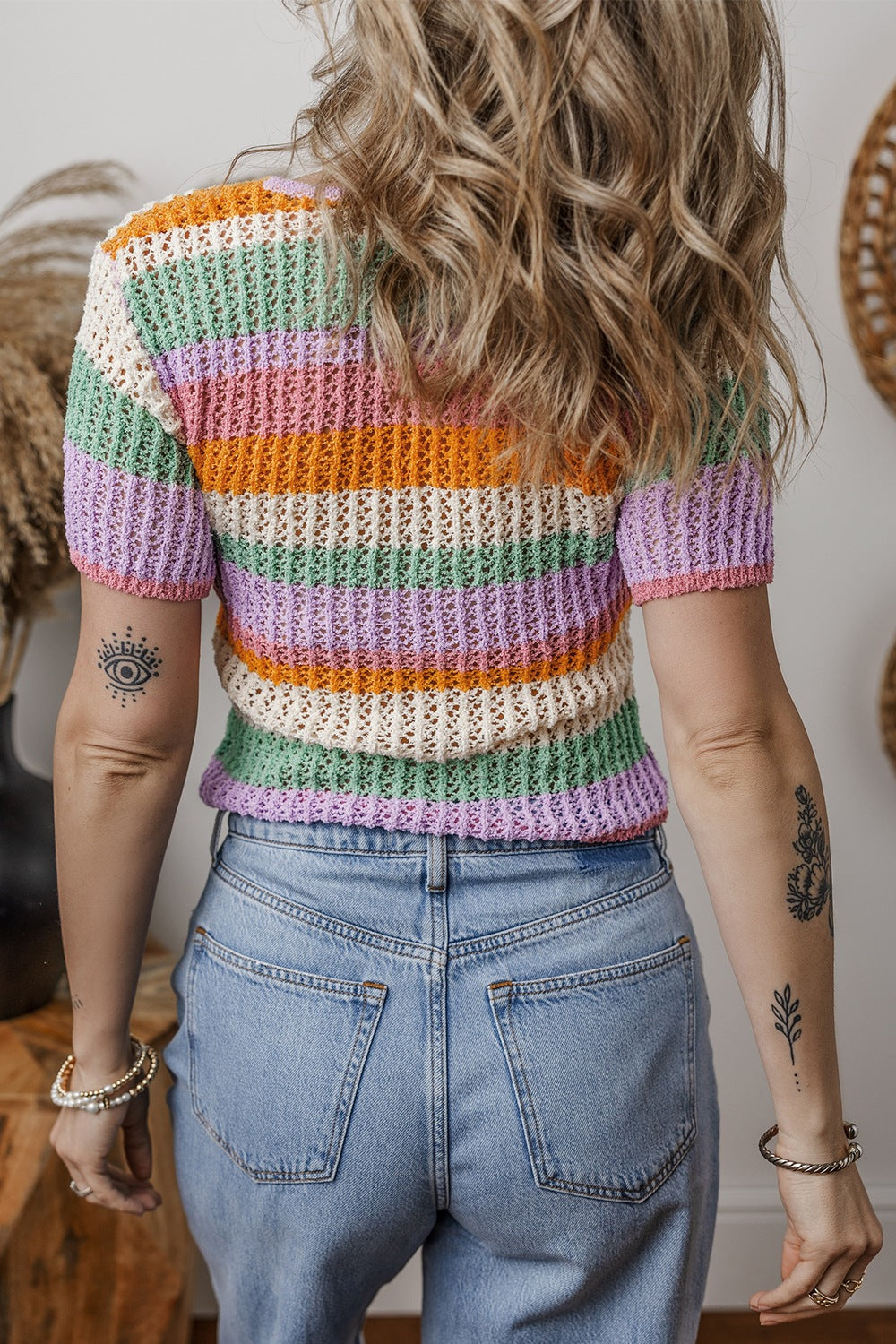 Contrast Striped V Neck Short Sleeve Pointelle Knit Top