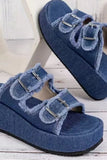 Raw Hem Wedge Buckle Sandals