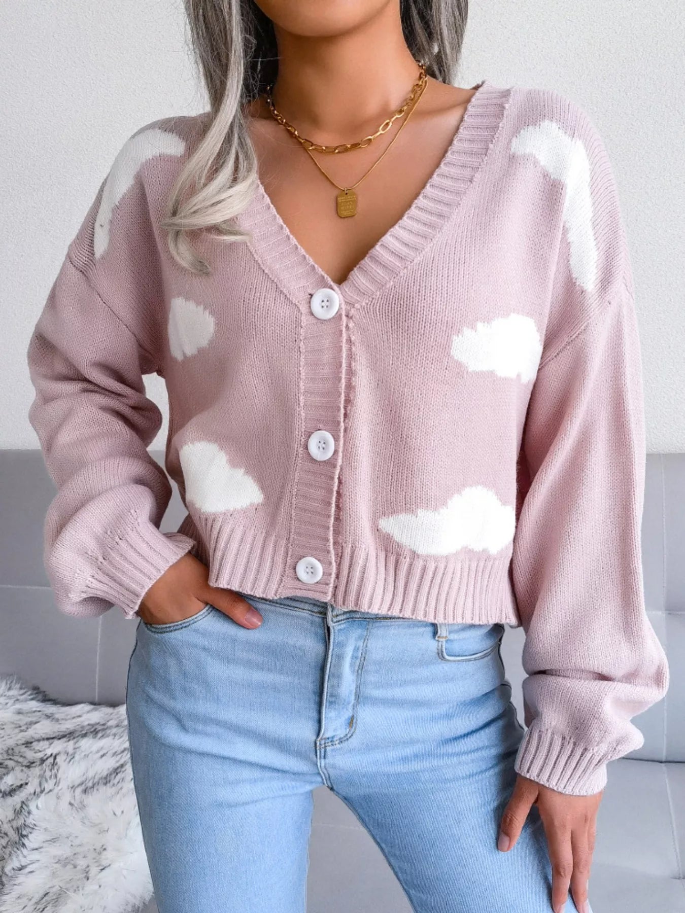 Cloud Pattern Button-Up Cropped Cardigan