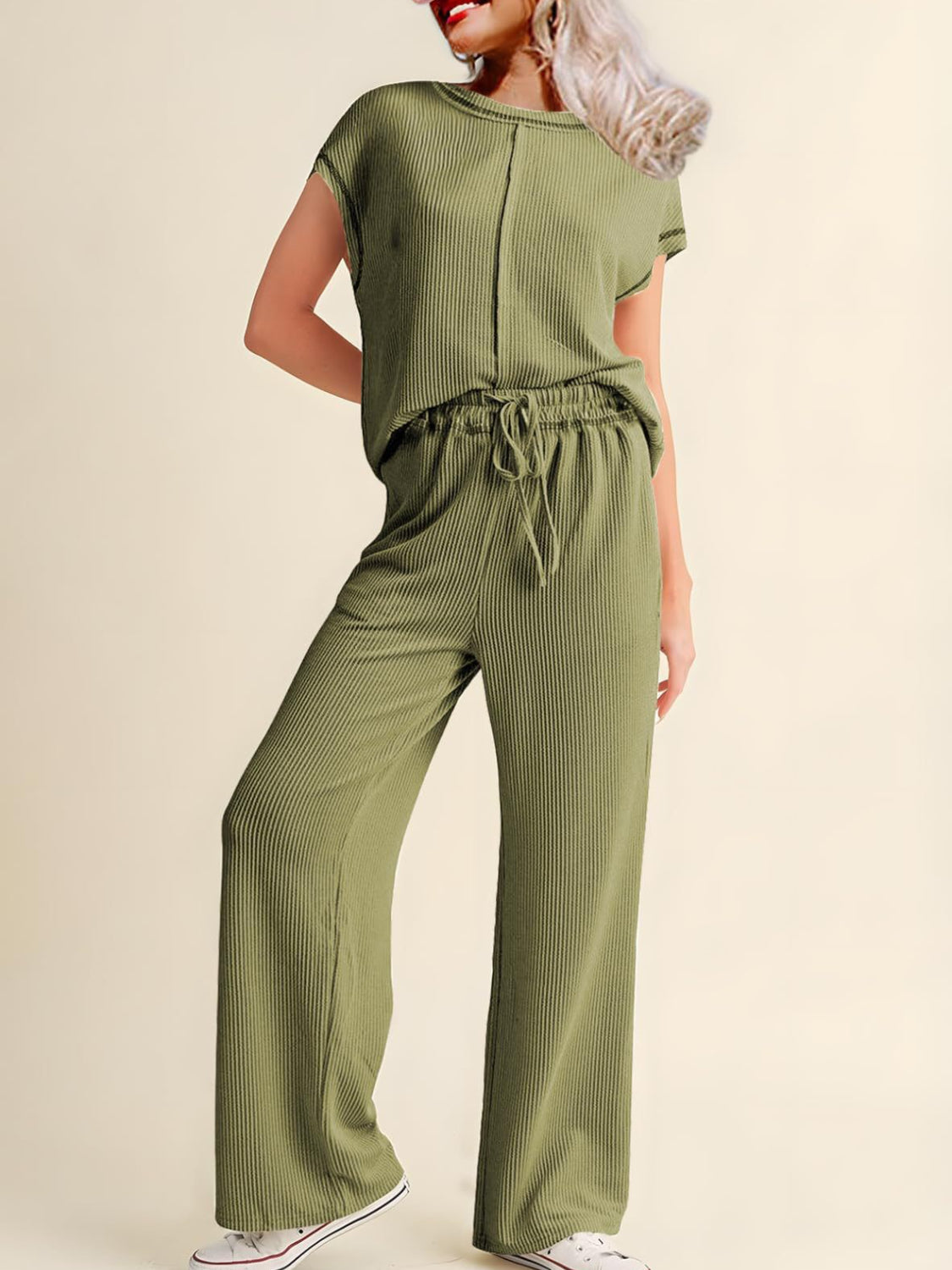 Ribbed Exposed Seam Top and Pants Set