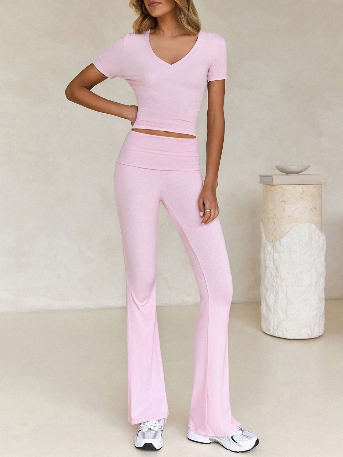 Devine V-Neck Top and Bootcut Leggings Set