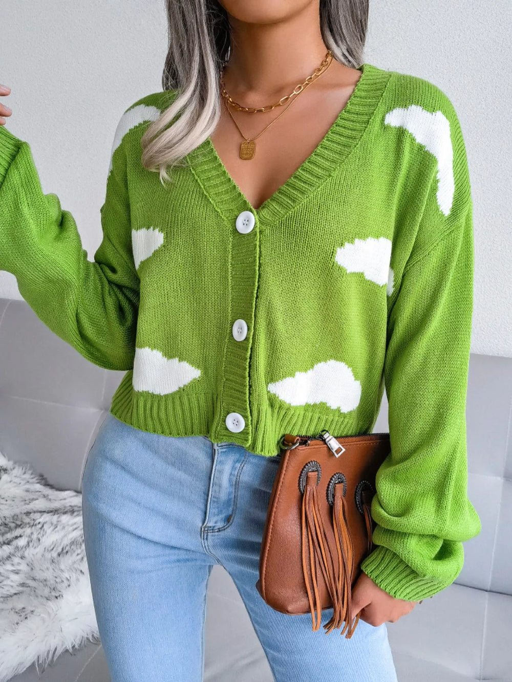 Cloud Pattern Button-Up Cropped Cardigan