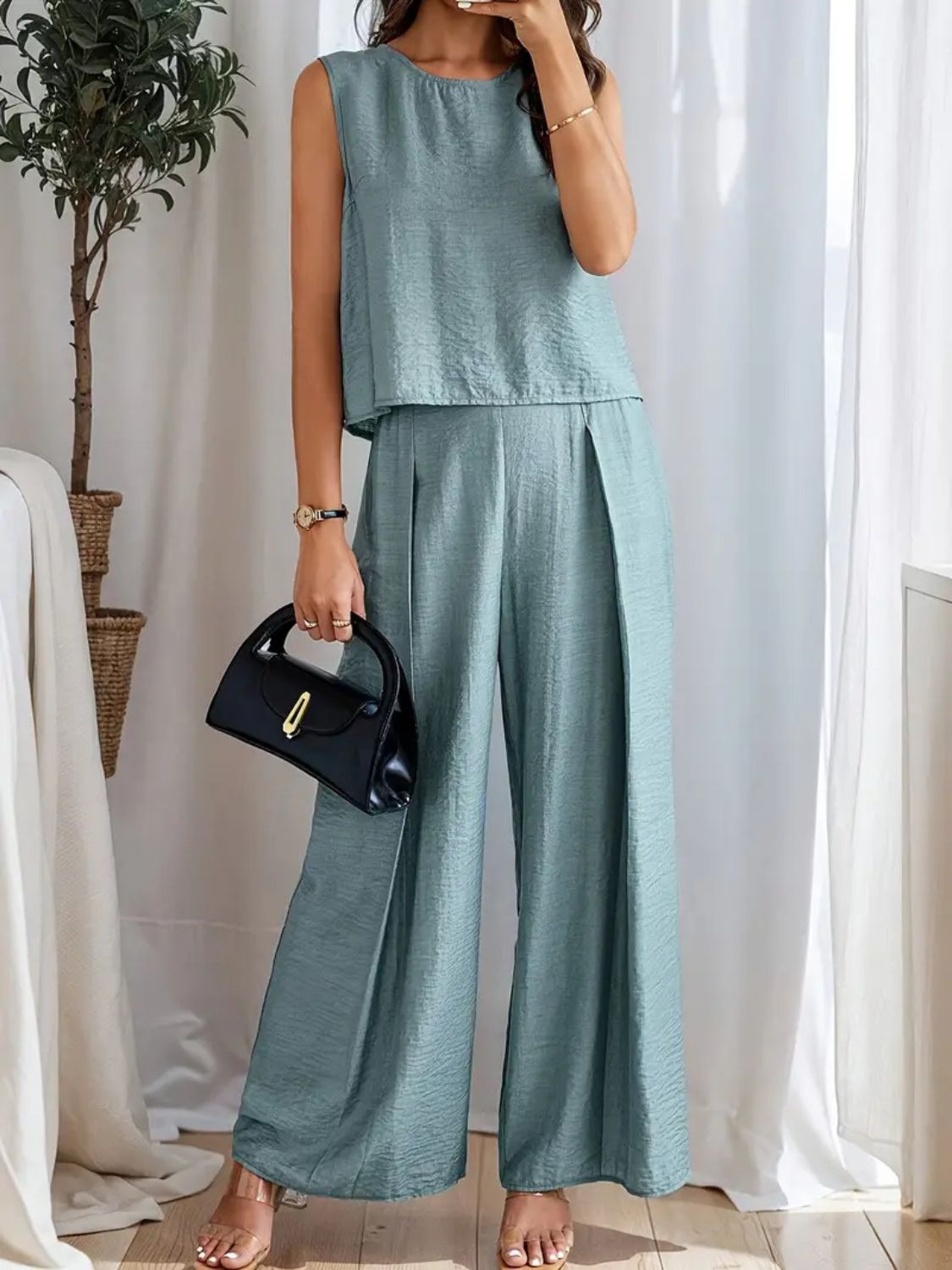 Round Neck Sleeveless Top and Wide Leg Pants Set