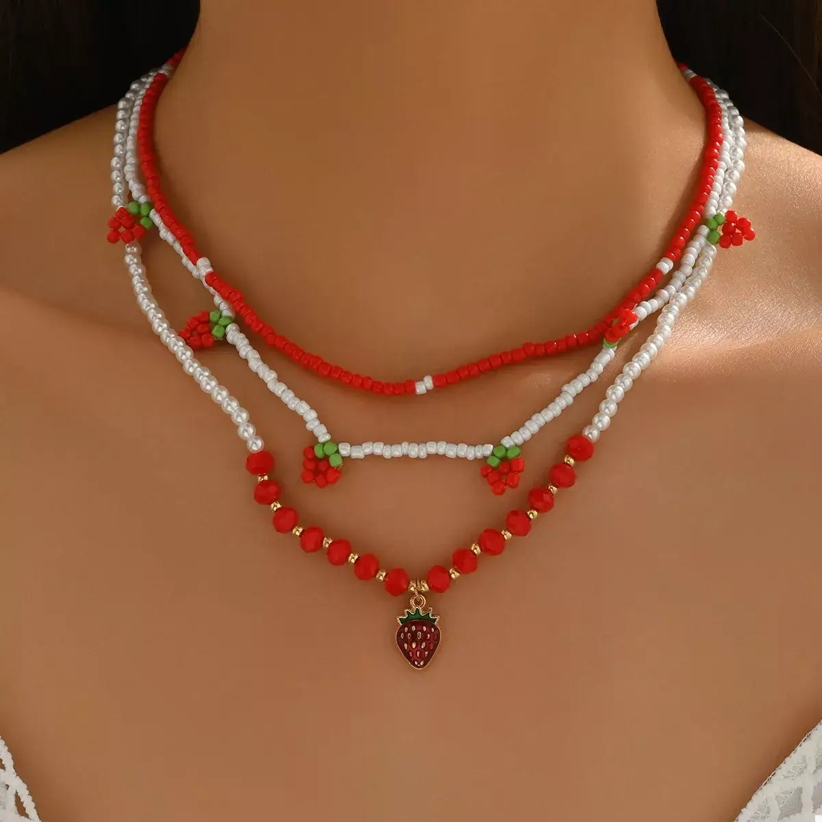 3 Piece Beaded Strawberry Necklace