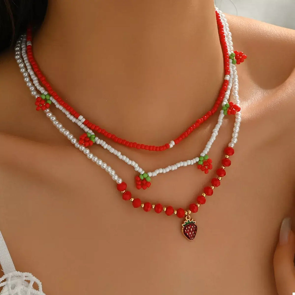 3 Piece Beaded Strawberry Necklace